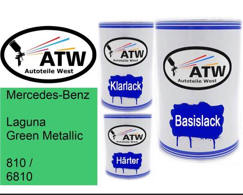 Mercedes-Benz, Laguna Green Metallic, 810 / 6810: 500ml Lackdose + 500ml Klarlack + 250ml Härter - Set, von ATW Autoteile West.